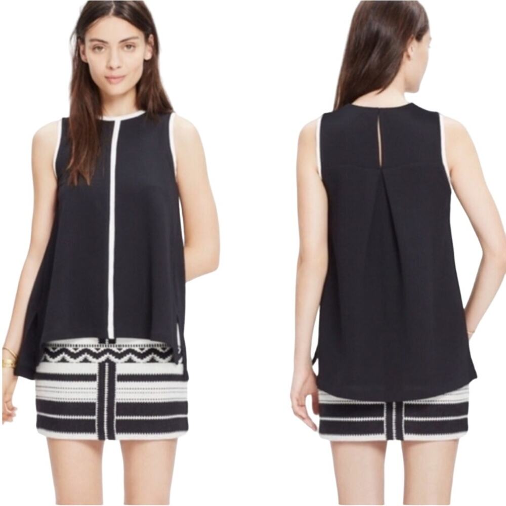 MADEWELL Women Black Crepe Canal Piped White Trim Tank Top Size XS
